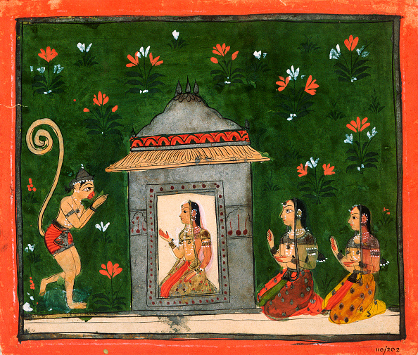 This 17th-century Deccan-style illustration of a scene in the Ramayana shows the monkey general Hanuman before Rama's wife, Sita. The Ramayana is the story of Rama's life; Hanuman helps him to defeat the demons in order to win back Sita. | Located in: National Museum of India. (Photo by Angelo Hornak/Corbis via Getty Images)